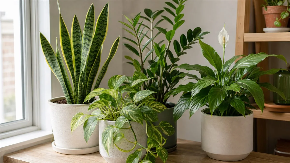 Beginner-friendly houseplants grouped together near a window