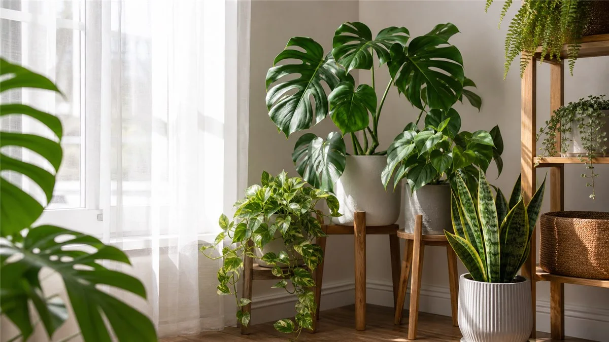 Houseplants placed near a window with soft bright indirect light