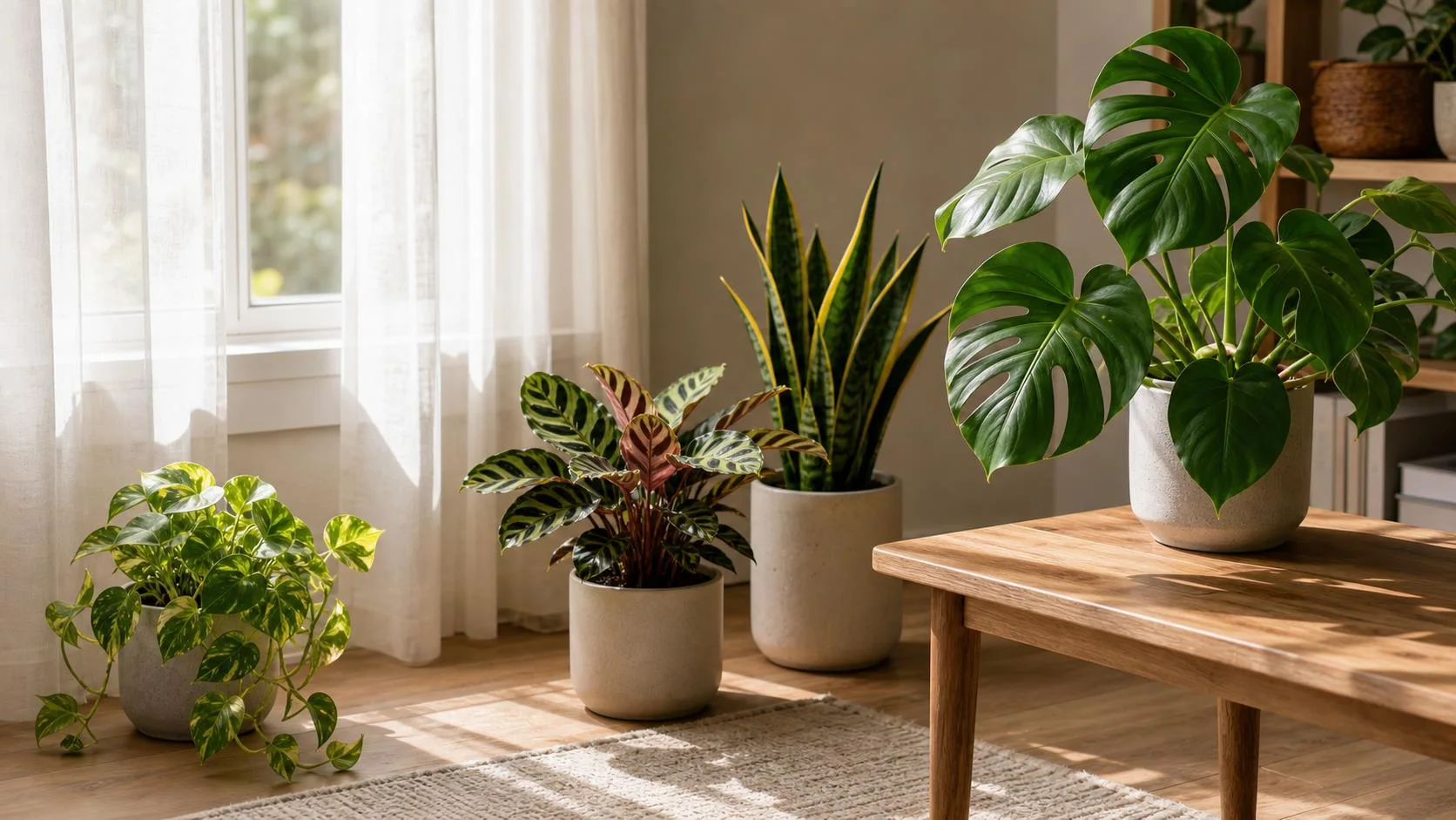 Houseplants arranged near a sheer curtain to demonstrate bright indirect light placement