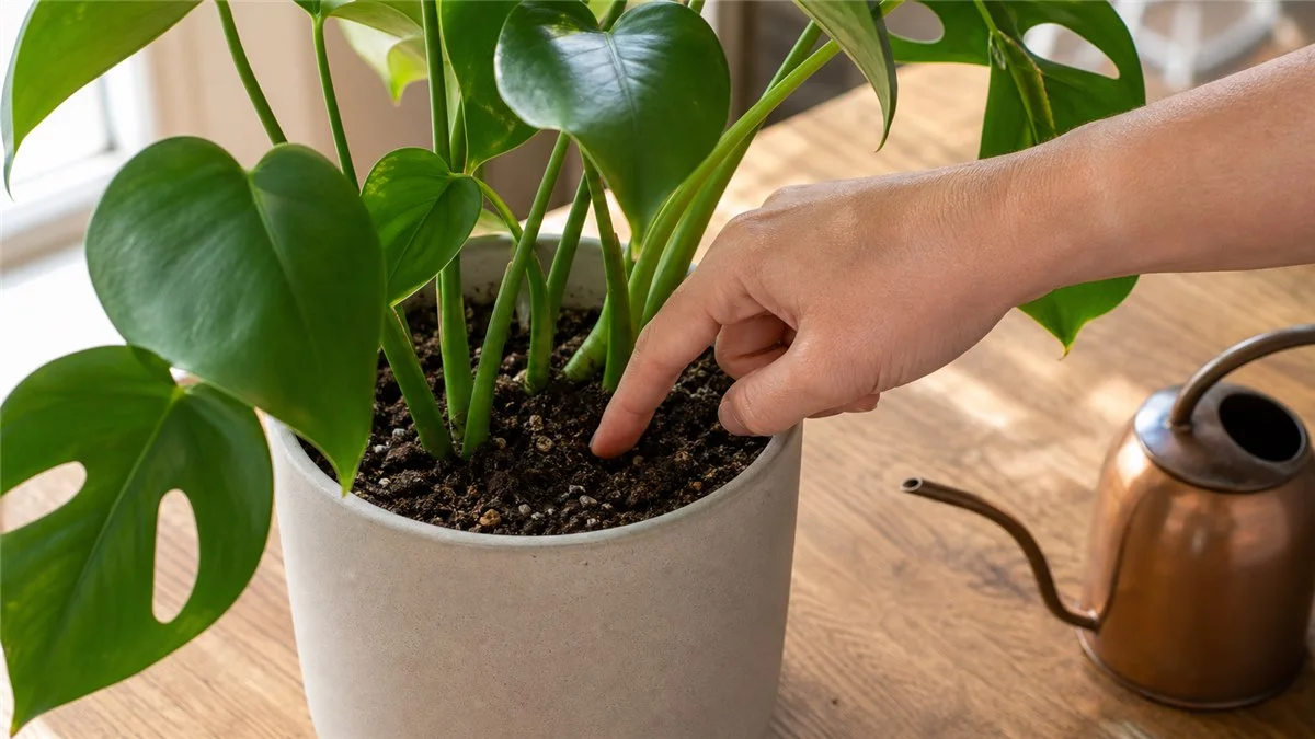 Checking houseplant soil moisture by touch before watering