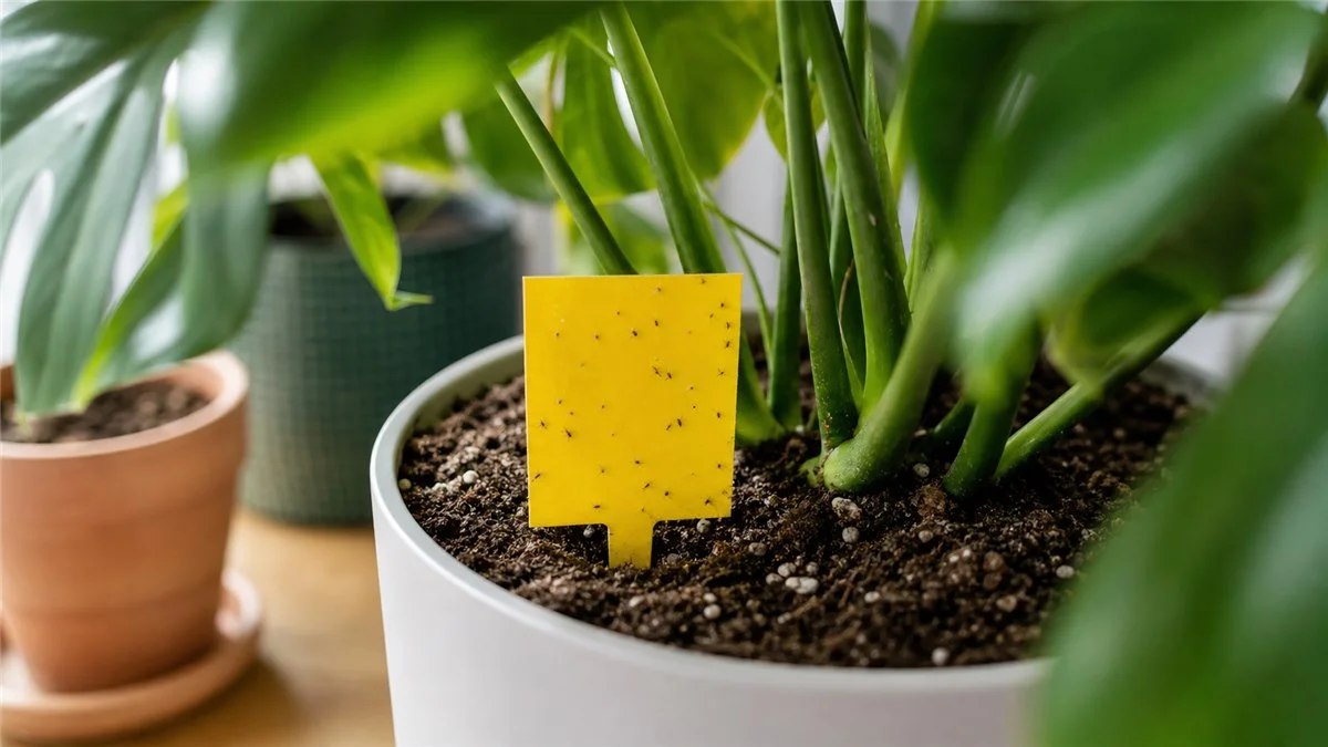 Yellow sticky trap monitoring fungus gnats near houseplant soil