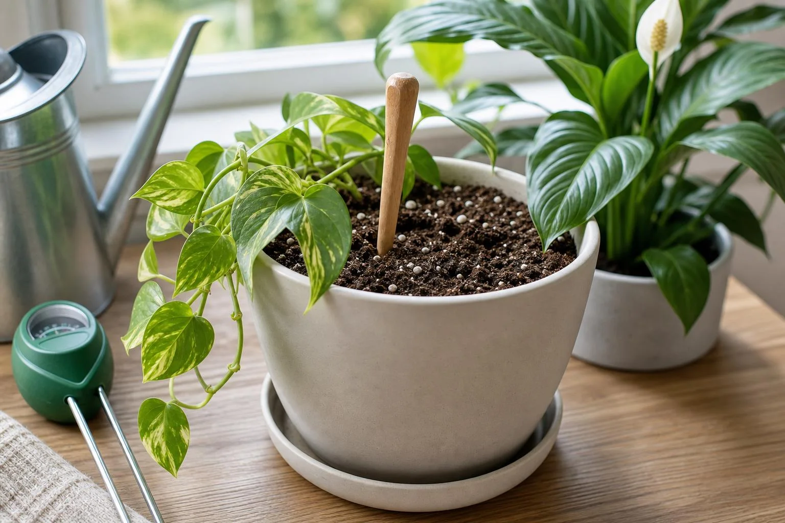 Checking soil moisture and drainage beside healthy beginner houseplants