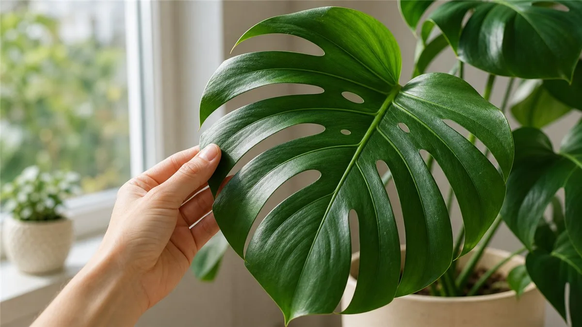 Close inspection of a healthy Monstera deliciosa leaf near a bright window