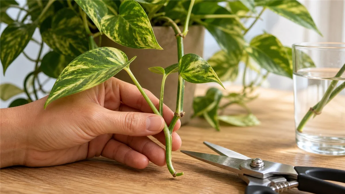 Preparing a pothos vine cutting near a node for propagation