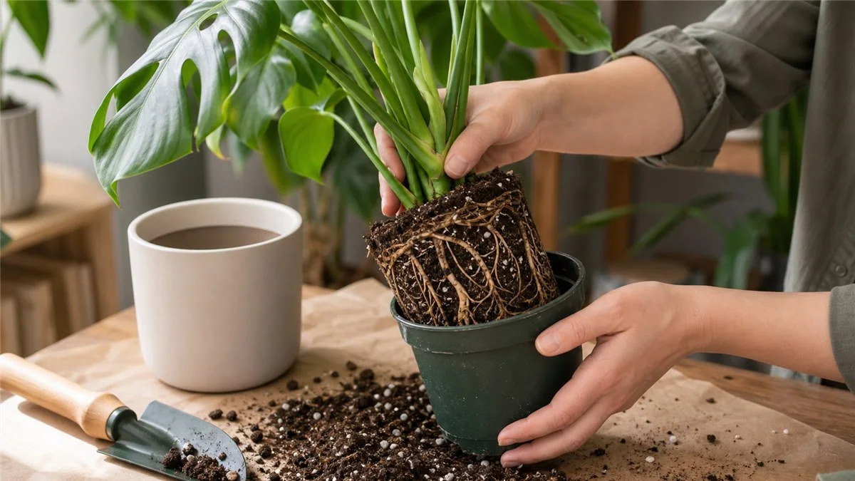 Inspecting a houseplant root ball before repotting