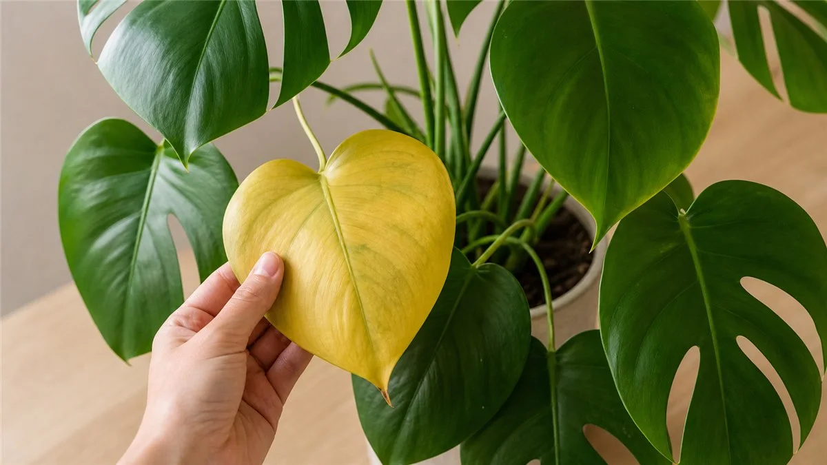 Examining a yellowing houseplant leaf during diagnosis